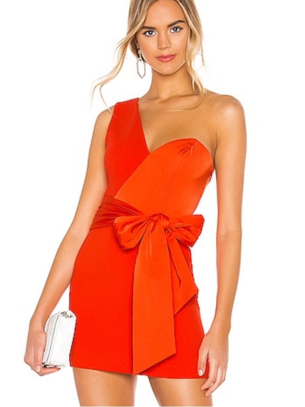 NBD Jasper Mini Dress Red Orange One-Shoulder Bow sash Revolve M